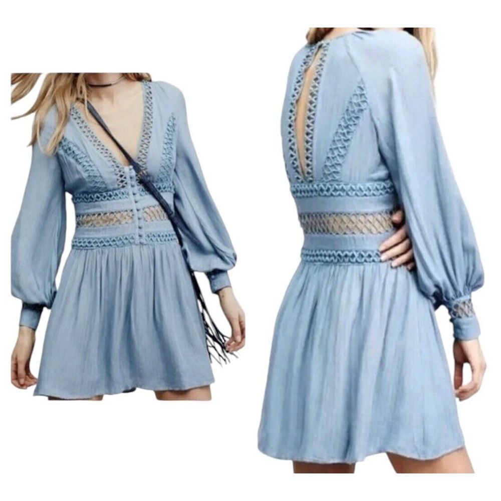 Free People Mini Dress Women's Small Blue Long Sleeve V-Neck Slow Fashion‎ NWT